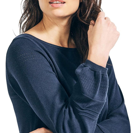 Suéter clásico de algodón suave con cuello barco Nautica para mujer, Azul marino, XS
