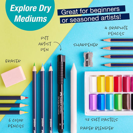 Faber-Castell Try It Box: Dry Mediums, 26 Piece Sketching Coloring Art Set with Colored Pencils, Graphite Pencils, Pastels, Pitt Artist Pen and Art Tools