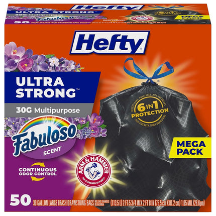 Hefty Ultra Strong Multipurpose Large Trash Bags, Black, Fabuloso Scent, 30 Gallon, 50 Count