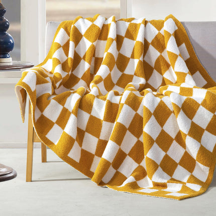 Elegant Comfort Checkered Throw Blanket, Gold Super Soft Cozy Fluffy Warm Throw Blankets for Couch, Sofa, Chair, Bed, Camping, Picnic, Travel Lightweight Bed Blanket (50" x 70")