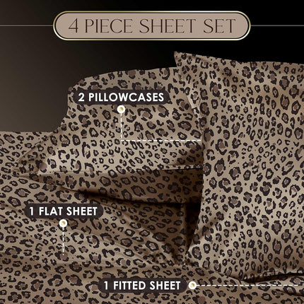 MARTEX Elegance Seduction 1S51588 Satin Silky Deep Pocket Easy Care Machine Washable 1 Fitted Sheet 1 Flat Sheet and 2 Pillowcases Queen Size 4 Piece Leopard Animal Print Sheet Set, Queen, Brown