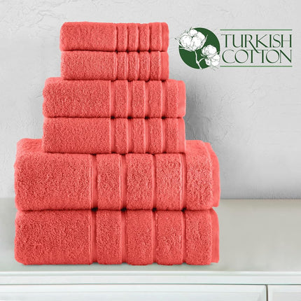 Elegant Comfort 4 Lines Viscose Stripe 6-Piece Premium Towel Set - 100% Turkish Cotton High Absorbent Luxury Bathroom Towels – Includes 2 Washcloths, 2 Hand Towels and 2 Bath Towels Set, Coral