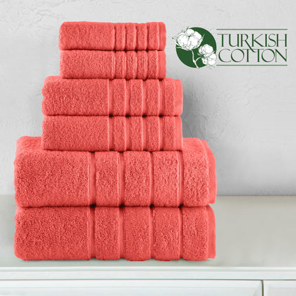 Elegant Comfort 4 Lines Viscose Stripe 6-Piece Premium Towel Set - 100% Turkish Cotton High Absorbent Luxury Bathroom Towels – Includes 2 Washcloths, 2 Hand Towels and 2 Bath Towels Set, Coral