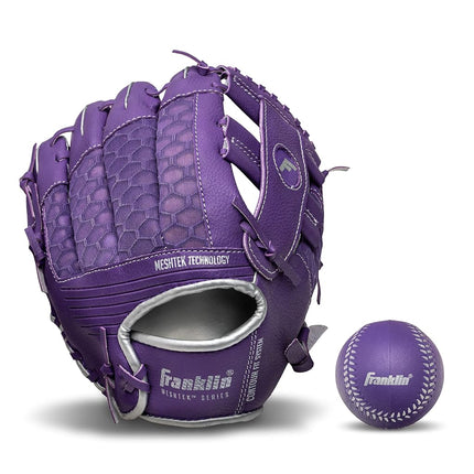 Franklin Sports Teeball Glove and Ball Set - Meshtek Teeball Glove and Foam Baseball - Purple/Silver - 9.5" Right Hand Throw, Purple/Chrome, 22809