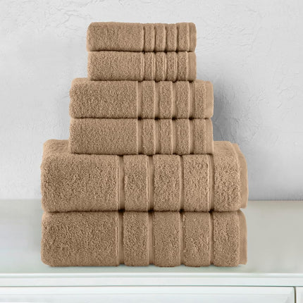 Elegant Comfort Juego de toallas de lujo de 6 piezas con rayas de viscosa de 4 líneas - 100% algodón turco, toallas de baño de lujo altamente absorbentes - Incluye 2 toallitas, 2 toallas de mano y 2 toallas de baño, color topo