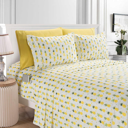 Elegant Comfort Luxury Soft Bed Sheets Pineapple Pattern - 1500 Premium Hotel Quality Microfiber Softness Wrinkle and Fade Resistant (6-Piece) Bedding Set, King, Pineapple