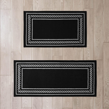 Nautica – Runner Rug 2 Piece Set | Indoor Runners for Hallways and Entry Rugs| Non-Skid Entry and Kitchen Door Mat| Machine Washable Carpet Rugs | 2'2" x 3'9" and 2'2" x 5' | Rope Border Black