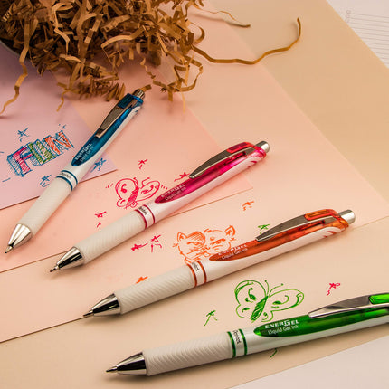 Bolígrafo de gel líquido Pentel EnerGel Pearl Deluxe RTX, 0.5mm, trazo fino, punta de aguja, detalles azules, tinta azul, paquete de 2 (BLN75WBP2C)