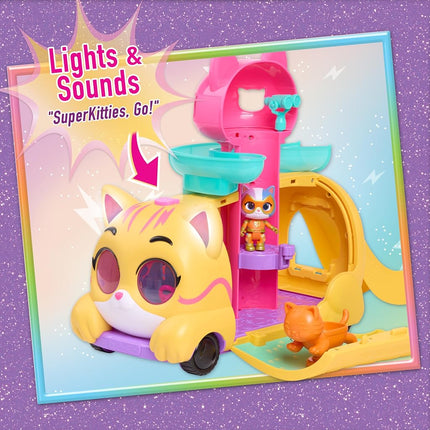 Just Play Disney Junior SuperKitties Purr ‘N’ Go Lights and Sounds Playset, 10 Pieces, Articulated Figures, Kids Toys for Ages 3 Up