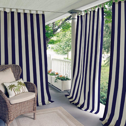 Elrene Home Fashions Highland Stripe Indoor/Outdoor Curtain Panel, 50 inches X 84 inches, Navy