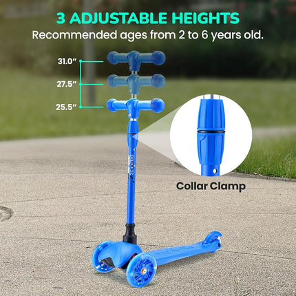 Hurtle Mini Kickboard Scooter for Kids - Height Adjustable 25''-28'', Lightweight 3-Wheel Toddler Scooter with LED Light-up Wheels, Anti-Slip,Indoor/Outdoor Fun for Ages 2-5 (Green)