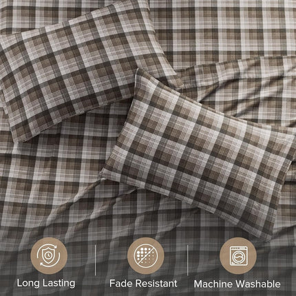 WOOLRICH Cotton Sheet Set Cottage Charms Print, 100% Cotton Flannel Sheets Warm & Fuzzy Bedding Set King Size Sheets, Fitted Pocket Fits Up to 14" Mattress, King Brown Plaid, 4 Piece