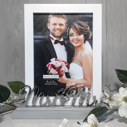 Malden International Designs 5x7 Mr & Mrs Wedding Picture Frame White MDF Wood Frame Routed Gray MDF Wood Base Silver Finish Metal Word Attachment