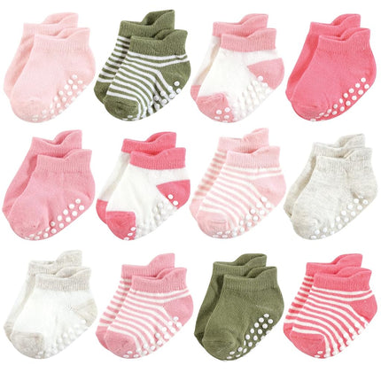 Hudson Baby Unisex Baby Non-Skid No-Show Socks, Pink Green, 12-24 Months