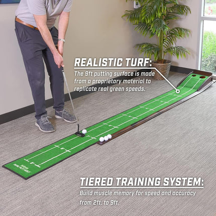 GoSports Pure Putt Golf 9 ft Putting Green Ramp - Premium Wood Training Aid for Home & Office Putting Practice, Includes 9 ft Putting Green and 4 Golf Balls