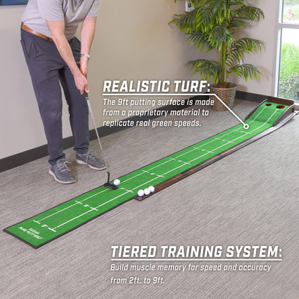 GoSports Pure Putt Golf Pista de putting de 9 pies - Ayuda de entrenamiento de madera de primera calidad para práctica de putting en casa y oficina, incluye pista de putting de 9 pies y 4 pelotas de golf
