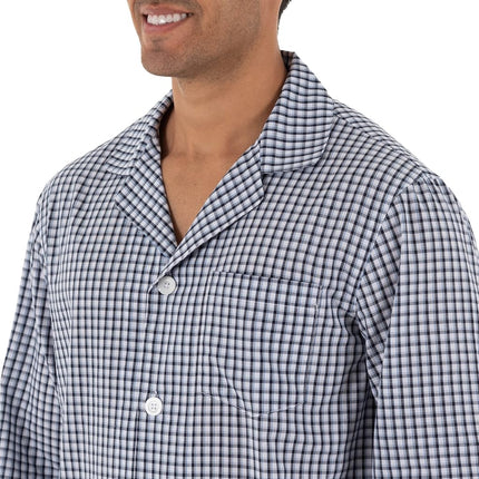 Fruit of the Loom Men's Long Sleeve Broadcloth Pajama Set, Navy/White Check, Large