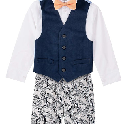 IZOD Boys' Little 4-Piece Set with Dress Shirt, Bow Tie, Shorts, and Vest, Tropical White, 5
