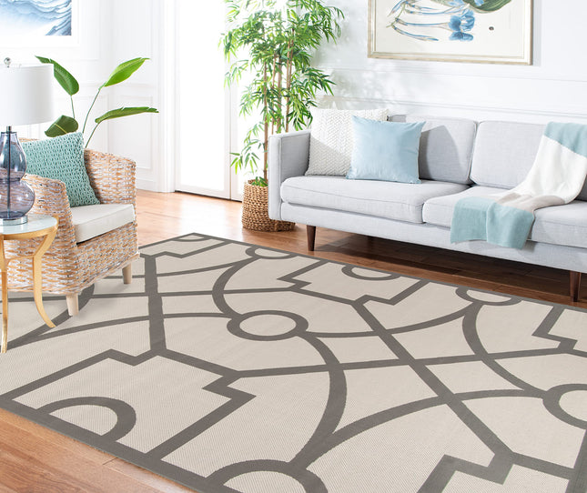 Martha Stewart by SAFAVIEH Collection 5'3" x 7'7" Grey MSR4121L Fretwork Indoor/Outdoor Waterproof Easy Cleaning Patio Backyard Mudroom Area Rug