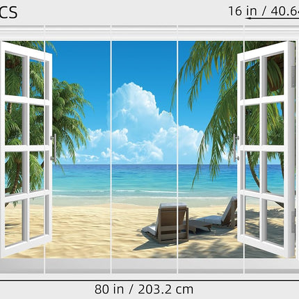 FLFK Fake Window Wall Sticker - Summer Beach Faux Window Wall Mural for Wall Decor, Stick and Peel Wall Decals, 80"x60", Set of 5 Sheets