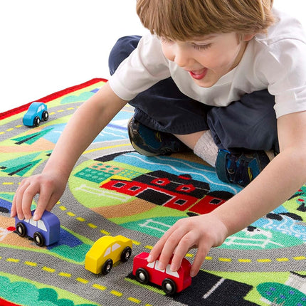 Melissa & Doug Round the Town Road Rug & Car Set (Cars & Trucks, Safe for All Floors, 4 Wooden Cars, Frustration-Free Packaging)
