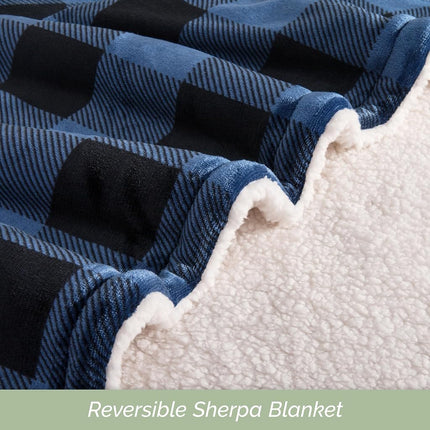 Elegant Comfort Ultra Soft Reversible Buffalo Plaid Flannel Sherpa Blanket - Cozy Silky Checkered Fleece Throw for Couch, Bed - Plush Fuzzy Warm Winter Blanket for Gift, Twin, Blue