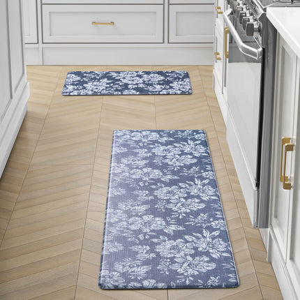 Laura Ashley - Anti-Fatigue Kitchen Mat, Iris Floral Design, Stain, Water & Fade Resistant, Cooking & Standing Relief, Non-Slip Backing, 2 Piece Set: 17.5" x 60" / 17.5" x 28" Navy Iris