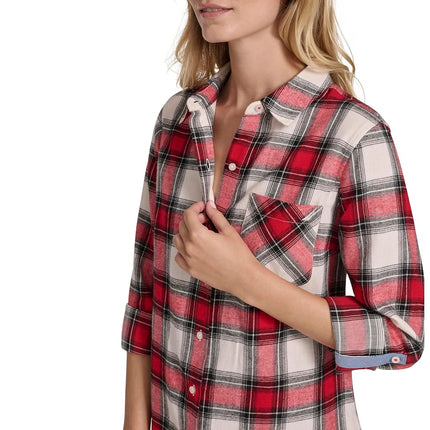 Nautica Womens Button Front Long Sleeve Roll Tab Shirt, White Swan/Haute Red, M