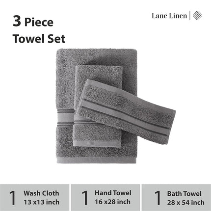 LANE LINEN Luxury Bath Towels Set - 3 Piece Set, 100% Cotton Bathroom Towels, Zero Twist, Quick Dry, Super Absorbent & Soft, 1 Bath Towel, 1 Hand Towel, 1 Wash Cloths - Cool Grey