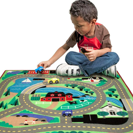 Melissa & Doug Round the Town Road Rug & Car Set (Cars & Trucks, Safe for All Floors, 4 Wooden Cars, Frustration-Free Packaging)
