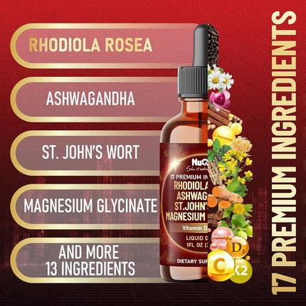 17in1 Rhodiola Rosea Liquid Drops Tincture w/Ashwagandha Magnesium, L-Theanine. Ultra Cortisol Supplement, Rhodiola Root for Mood, Energy - 1 FL Oz - 60 Day Supply