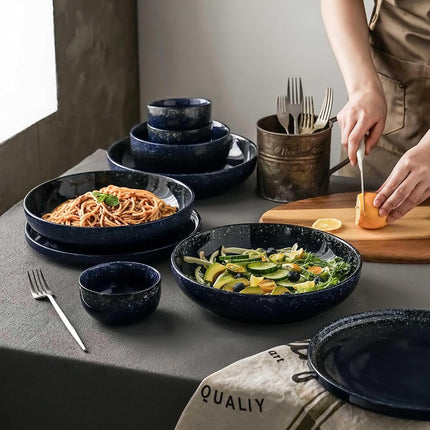 S&Q'S Ceramics Large Serving Bowls Set of 4, 60 Ounce Salad, 10'' Ceramic Wide Shallow Bowl Plates, Pasta Dishes for Fruit, Party, Entertaining, Microwave Safe(Navy Blue), (TSW2021)