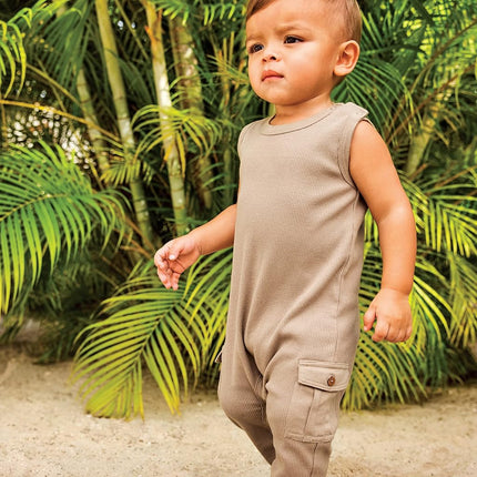 HonestBaby Sleeveless Rib Coverall and Beanie set Organic Cotton for Baby Boys, Girls, Khaki, 12 Months, Khaki (2-pack), 12 Months