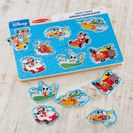 Melissa & Doug Disney Mickey Mouse and Friends Vehicles Light-Activated Sound Puzzle (8 pcs) Mickey Mouse Toddler Toys, Wooden Sound Puzzles for Toddlers Ages 2+