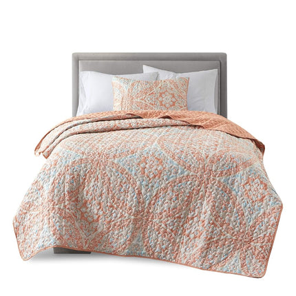 Comfort Spaces Reversible Quilt Set-Vermicelli Stitching Design All Season, Lightweight, Coverlet Bedspread Bedding, Matching Shams, Twin/Twin XL (66 in x 90 in, Gloria Damask Coral 2 Piece
