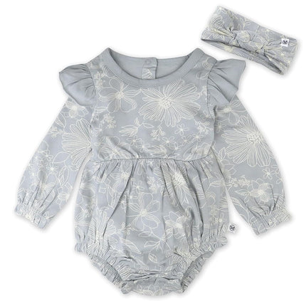 HonestBaby unisex-baby Bubble Romper and Headband Set 100% Organic Cotton for Infant Baby and Toddler Boys, Girls, Unisex, 2-pack Sketchy Floral Gray, 18 Months