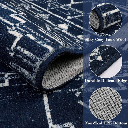 Wonnitar Moroccan Washable Rug 3x5, Blue Non-Slip Entryway Area Rug, Soft Farmhouse Bedroom Throw Mat, Geometric Low Pile Scandinavian Accent Carpet for Entry Kitchen Basement (Blue,3'x5')