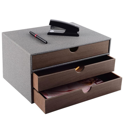 RHCSZ Cloth-effect Faux Leather Desk Organizer File Cabinet Executive Office Supplies Desktop Filing A4 Contract Document Stackable Storage Box with 3 Drawers (Grey)