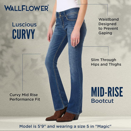WallFlower Women's Luscious Curvy Bootcut Mid-Rise Insta Stretch Juniors Jeans (Standard and Plus), Magic, 7 Shorts