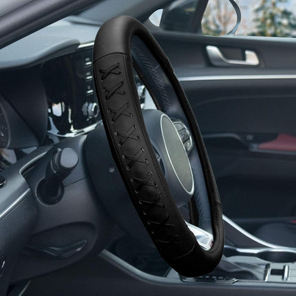 Housse de volant FH Group Universal Fit en cuir véritable 15 pouces avec détails à lacets, compatible avec la plupart des voitures et SUV, Noir