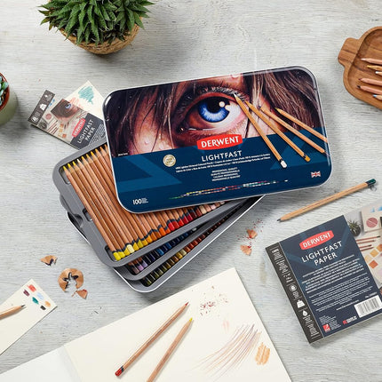 Derwent Lightfast Pencils Set Of 100 In Tin, 4mm Round Premium Core Strength, Creamy Texture, Ideal For Fine Art Drawing & Colouring, Professional Quality, 2306017, Black