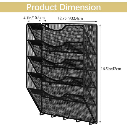 EasyPAG Wall File Organizer 5 Tier Wall Mounted Document Holder Hanging File Folders for Office,Study, Classroom Organization with Key Hooks,Black