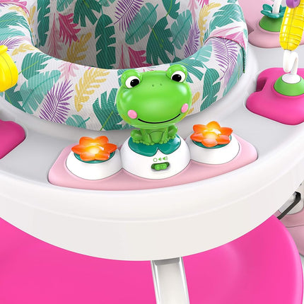 Bright Starts, Bounce Bounce Baby 2-in-1 Activity Center Jumper and Table - Playful Palms with 7 Interactive Toys, Adjustable Height, Storage Bag, 360° Rotation, Ages 6 Months +, Pink