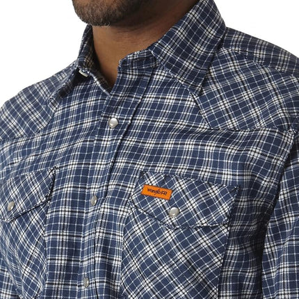 Wrangler Riggs Workwear Homme FR123Chemise à manches longues style Western ignifuge à deux poches boutonnée à col étalé à motifs et à manches longues Chemise de travail utilitaire boutonnée - Bleu - Grand et Tall