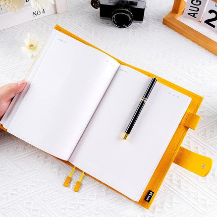 Ox Knight A5 Leather Planner Cover for Hobonichi Cousin, Stalogy, Midori, Leuchtturm1917, and More - with Pen Loop, Card Slots, Back Pocket, and Bookmarks (Yellow)