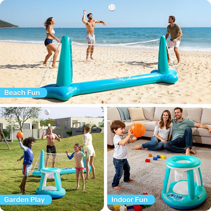 JOYIN Inflatable Pool Float Set Volleyball Net & Basketball Hoops, Floating Swimming Game Toy for Kids/Adults, Summer Floaties, Volleyball Court(105"x28"x35")|Basketball hoop(27"x23"x27"),Blue