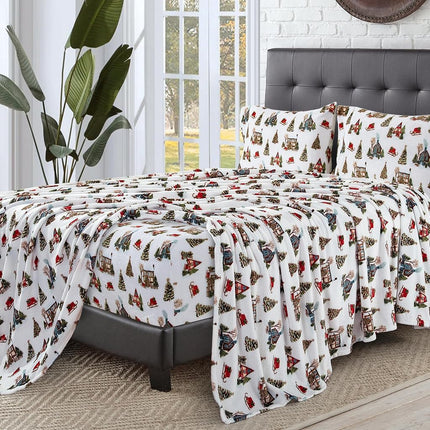 Elegant Comfort Luxuriously Soft 4-Piece Holiday Velvet Plush Flannel Sheet Set - Premium Quality - Cozy Warm, Christmas Fuzzy Velvet Flannel Fleece Deep Pocket Sheet Set - Twin XL, Bungalow