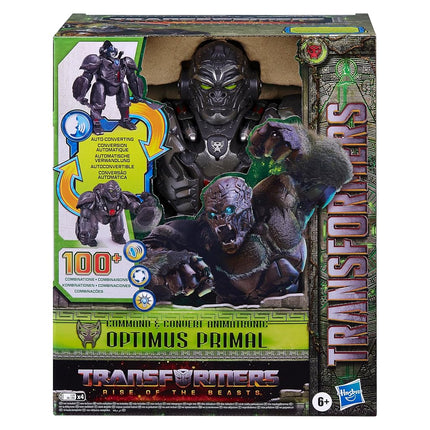 Transformers: Rise of the Beasts Command & Convert Animatronic Optimus Primal 31.5-cm Electronic Toy For 6+ Years, Includes: figure, 2 accessories and instructions.