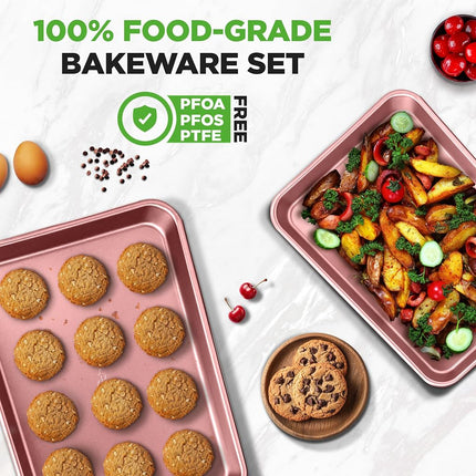 NutriChef 2-Piece Nonstick Cookie Sheets for Baking - Premium Medium & Large Size Baking Sheet Set - Thick Carbon Steel Bakeware Trays - Dishwasher Safe, Rose Gold