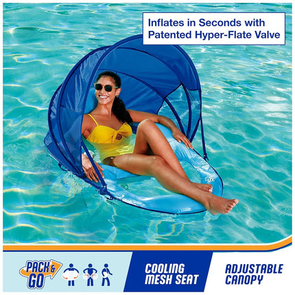 Tumbona de piscina reclinable prémium SwimWays Spring Float con dosel ajustable y válvula Hyper-Flate, azul